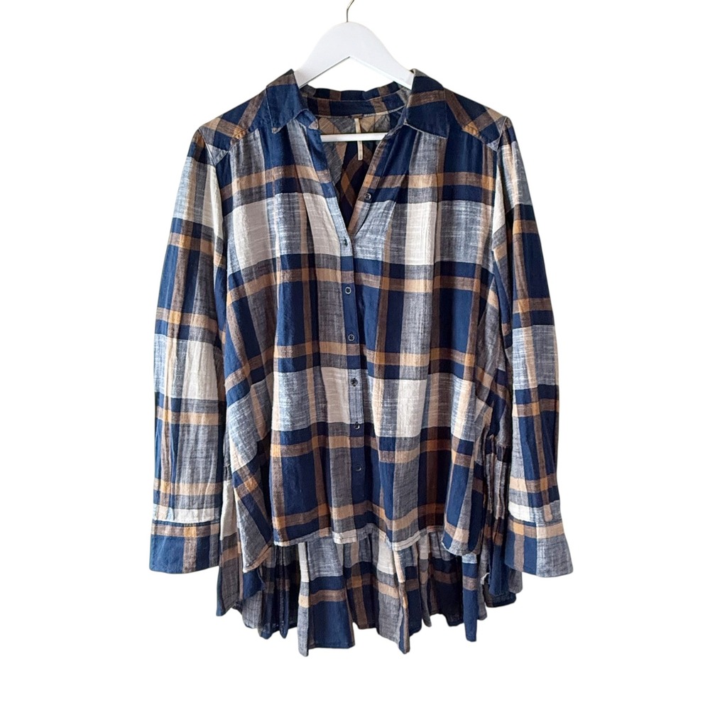 Free People Women's Plaid Button Down Shirt Tunic‎ Ruffle Hem Long Sleeve Small